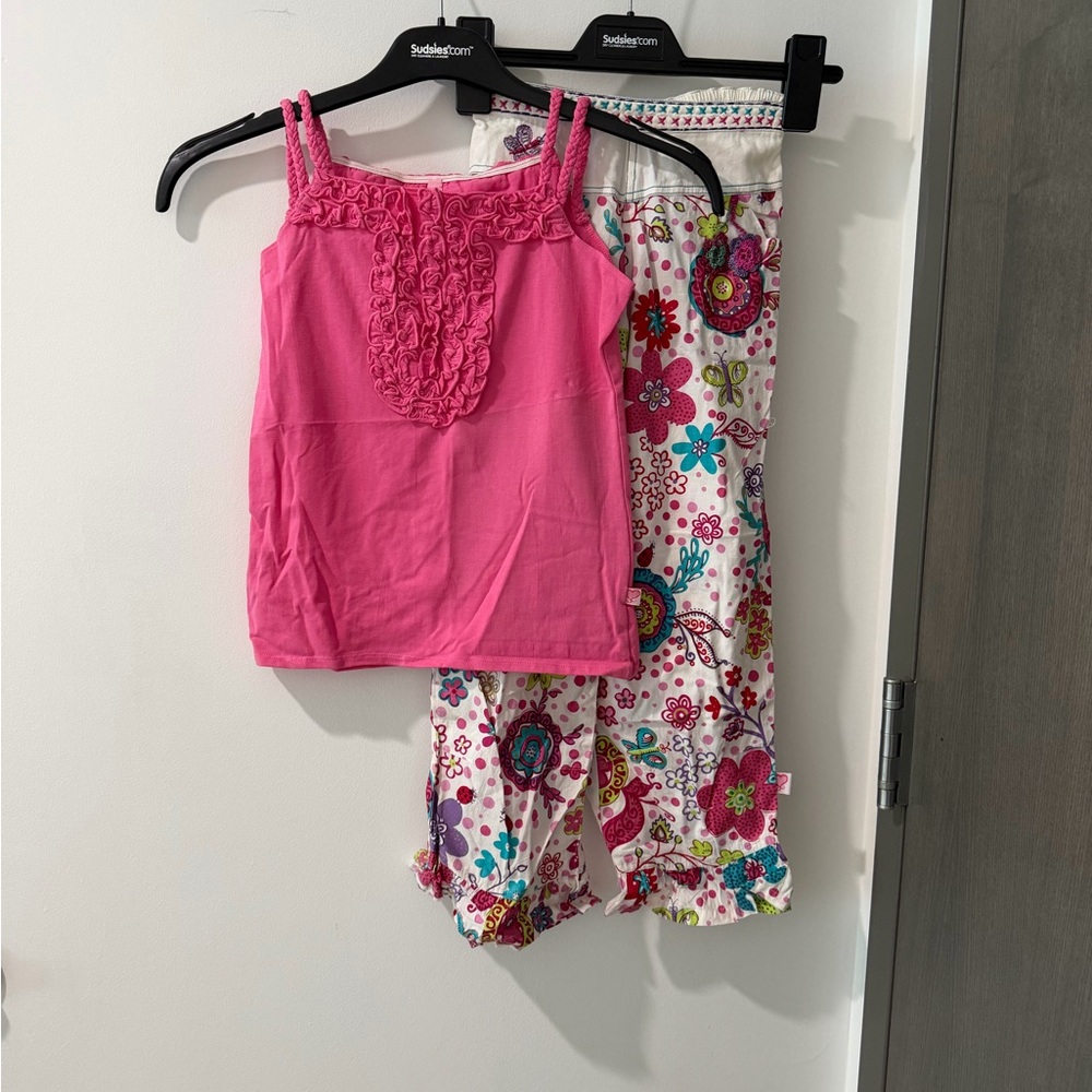 Mim-Pi Pink Ruffle Tank & Floral Capri Pajama Set